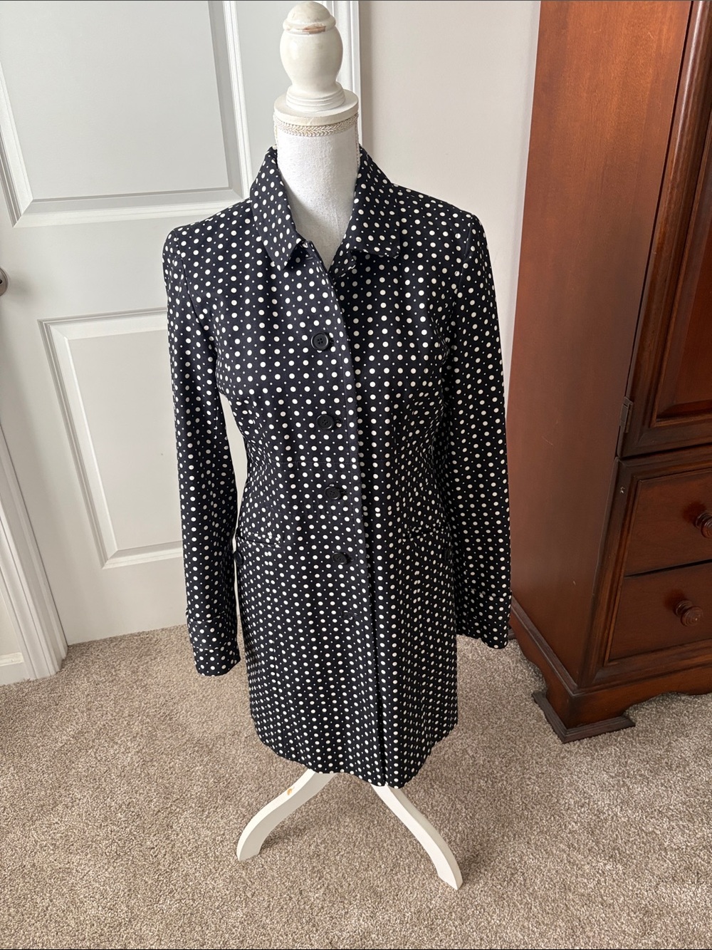 LOFT Black Polka Dot Button-Up Coat